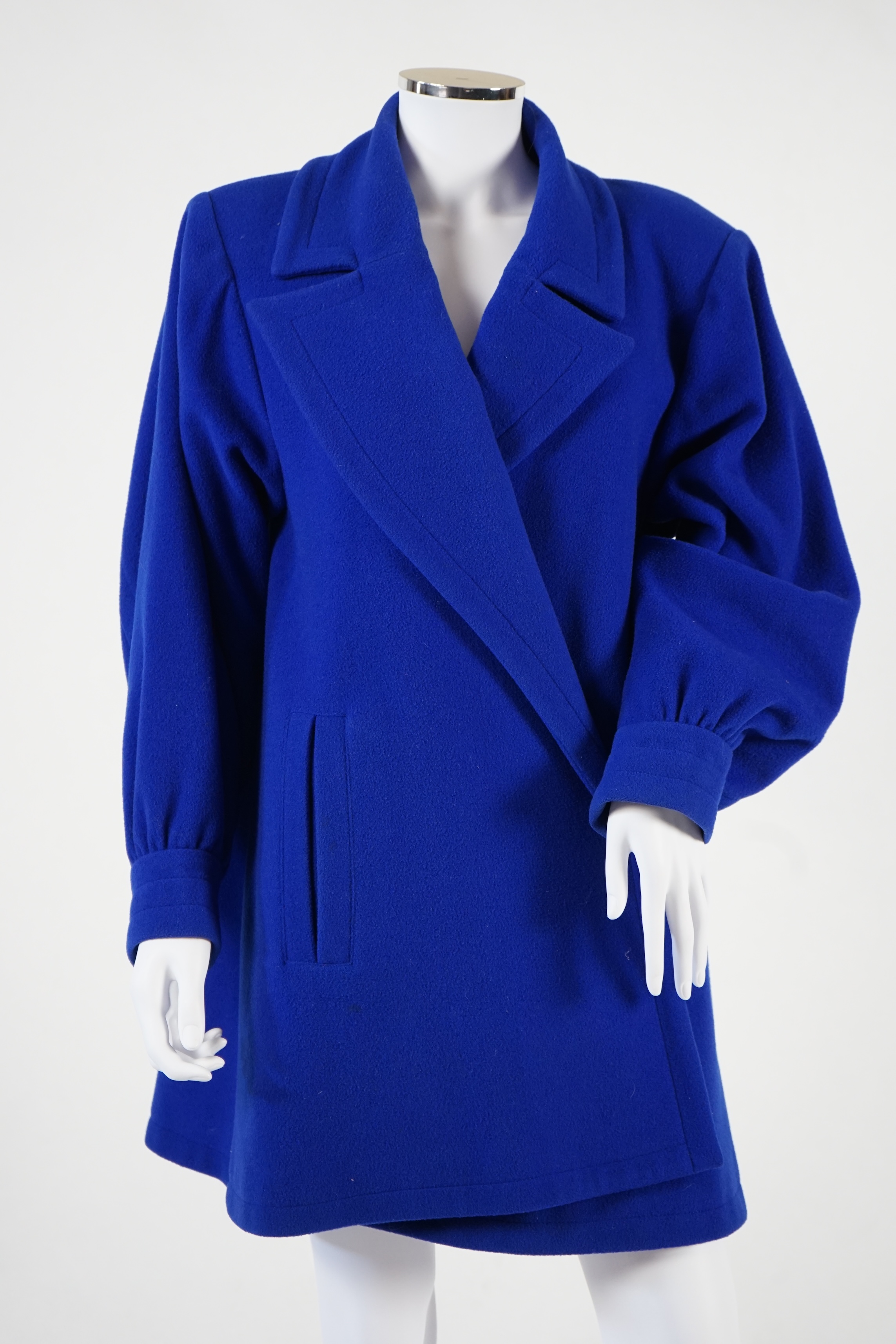 A vintage Yves Saint Laurent variation lady's royal blue wool coat, F 38 (UK 10). Proceeds to Happy Paws Puppy Rescue